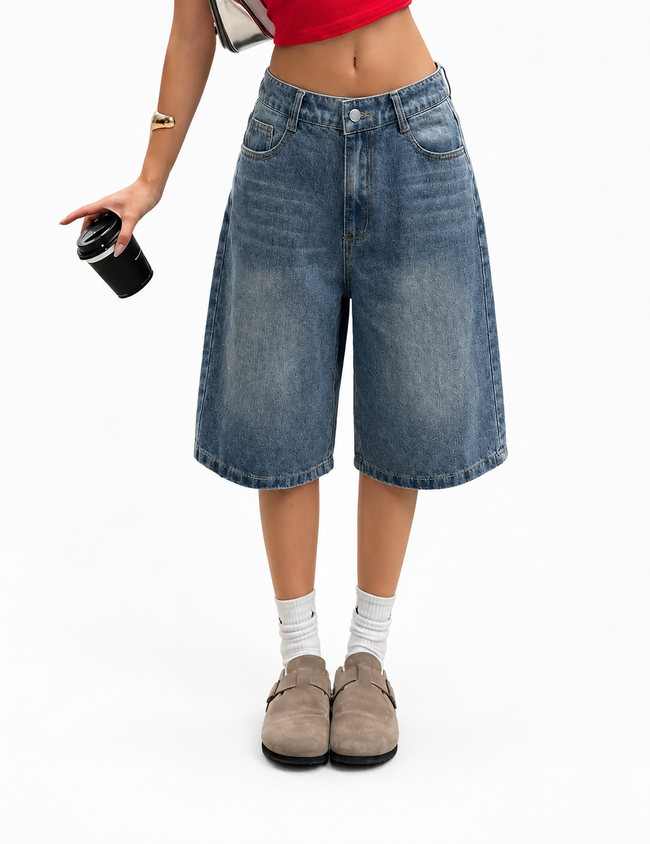 Bermuda Jean Large Femme Taille Haute – Style Streetwear Casual Hover Image